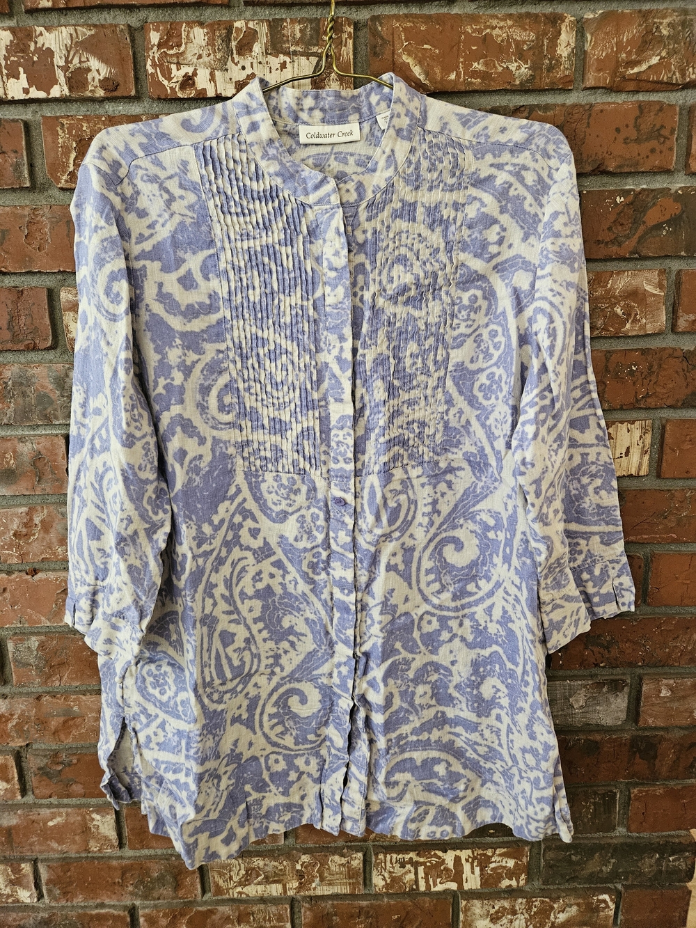Coldwater Creek Lavender and White Paisley Pintuck Shirt